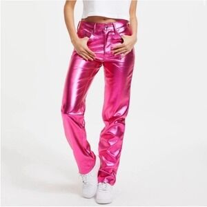 Good American Icon Faux Leather Pants Metallic Pink Straight Leg Women's Size 28